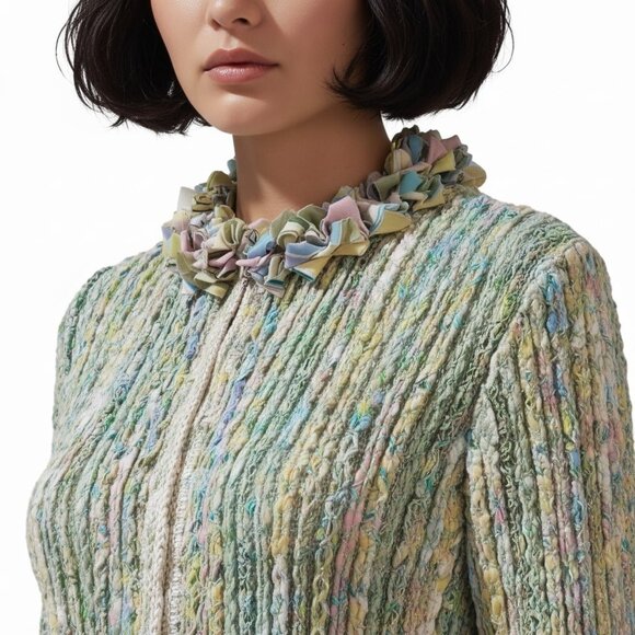Cici Bianca Cardigan Sweater Ruffled Neckline Art to Wear Handwoven Small/Medium - Picture 6 of 11